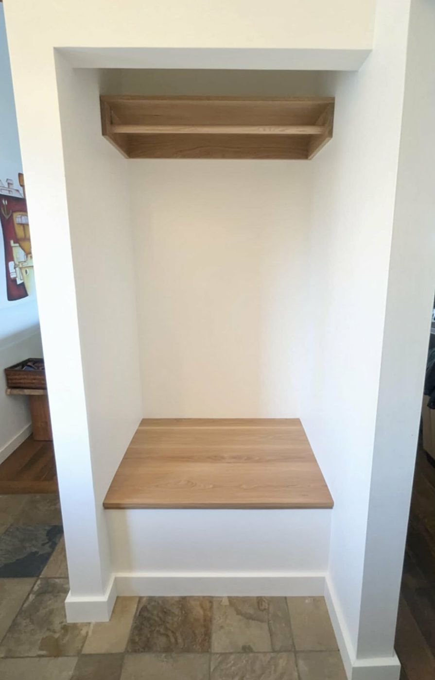 Built-in oak entry bench and shelf