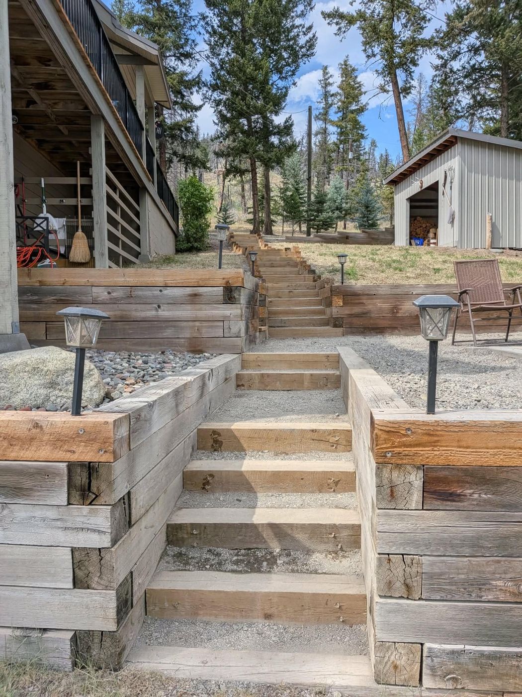 Timber retaining walls and stairs leading up a terraced yard